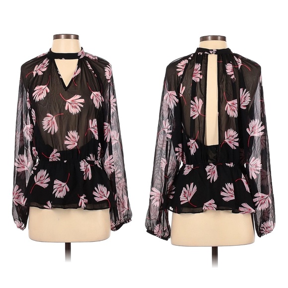Express Tops - Express Womens Blouse Size S/P Black Floral Sheer Keyhole Open Back Shirt